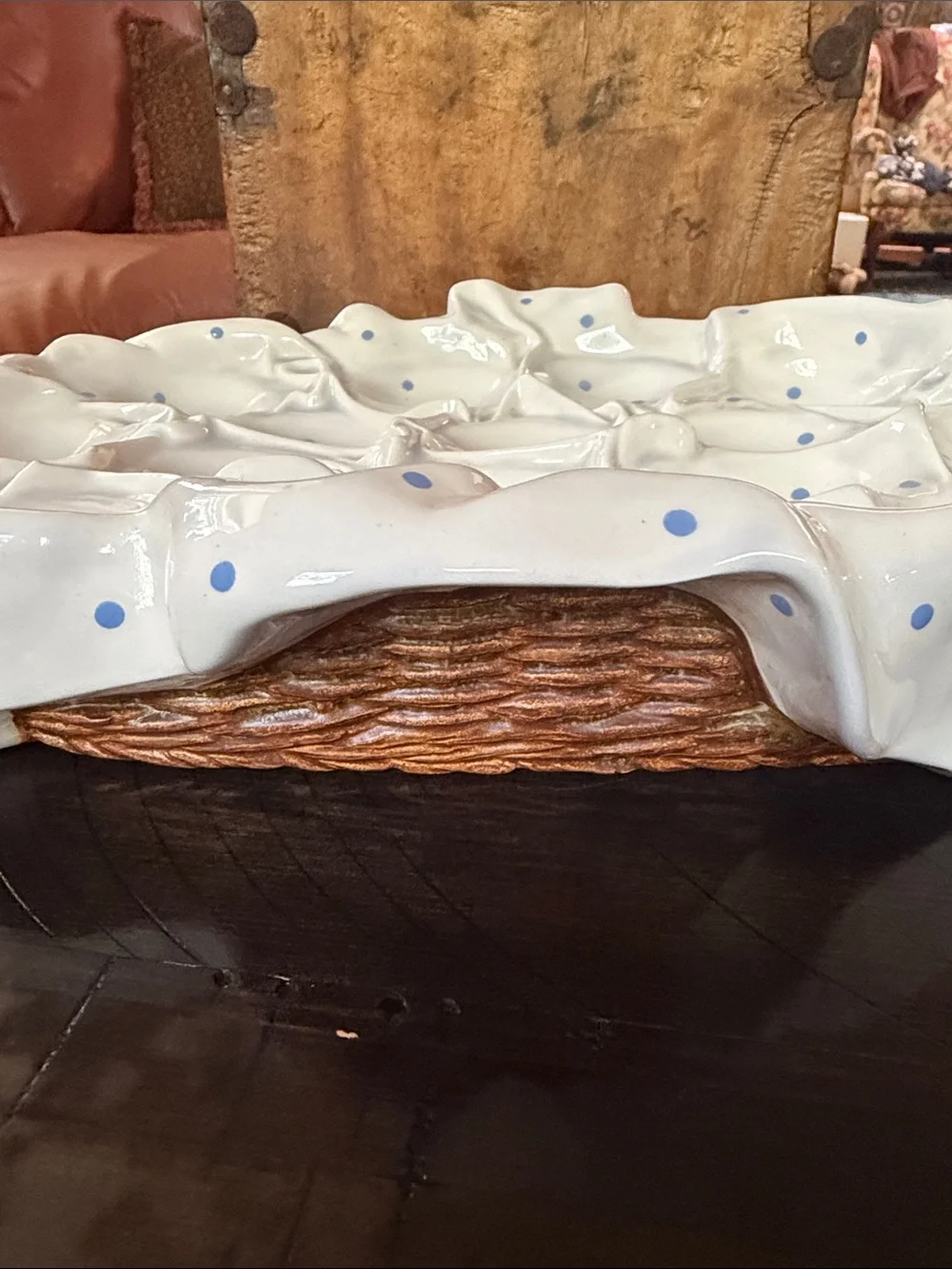 Vintage Ceramic Egg Tray with Blue Polka Dots and Basket motif